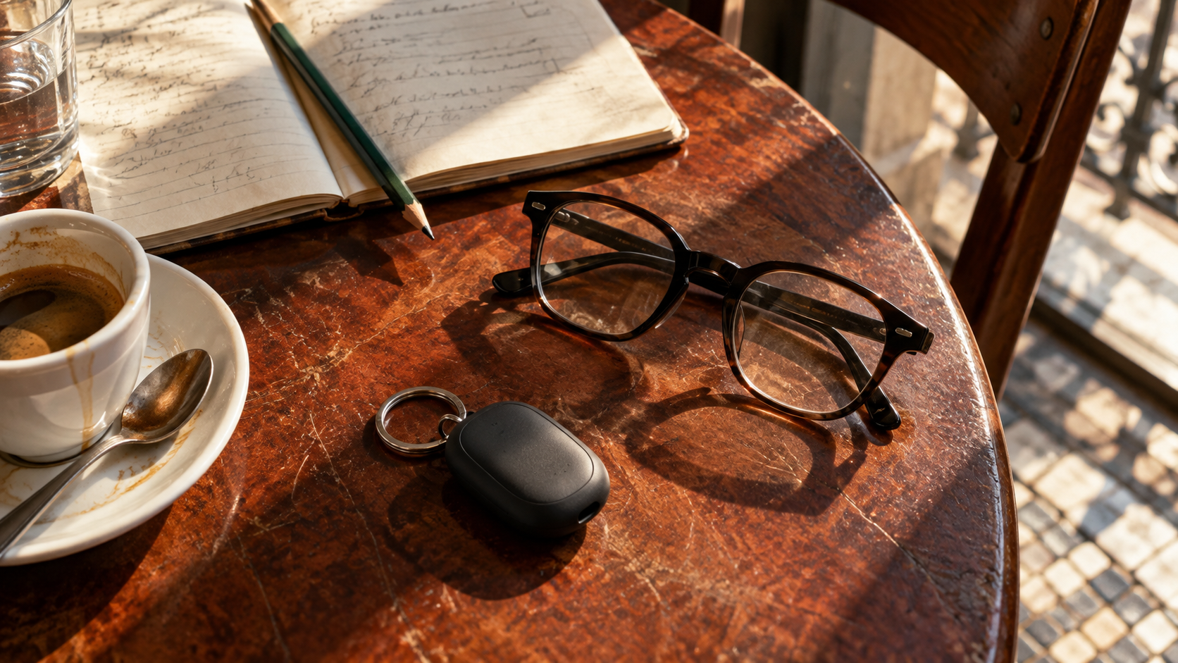 Óculos e um pequeno objeto digital pousados junto de um caderno e um café.