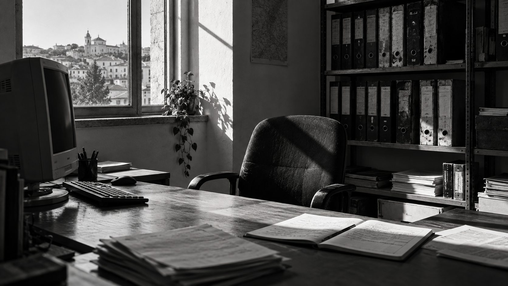 Uma mesa de trabalho com documentos e luz natural.